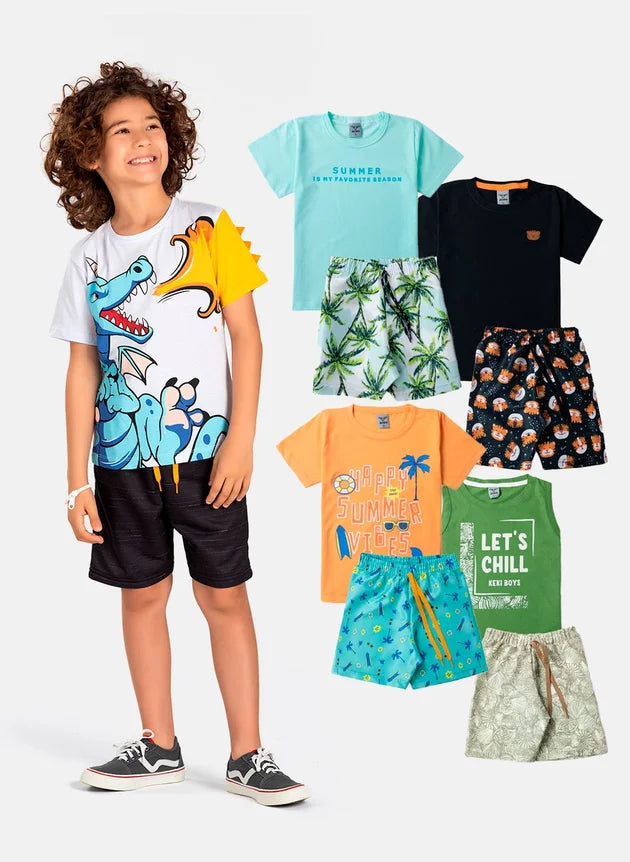 Kit Sortido 12 peças de Roupa Infantil Menino - 6 camisetas + 6 bermudas - Kit com 6 conjuntos de Roupa Infantil para Menino