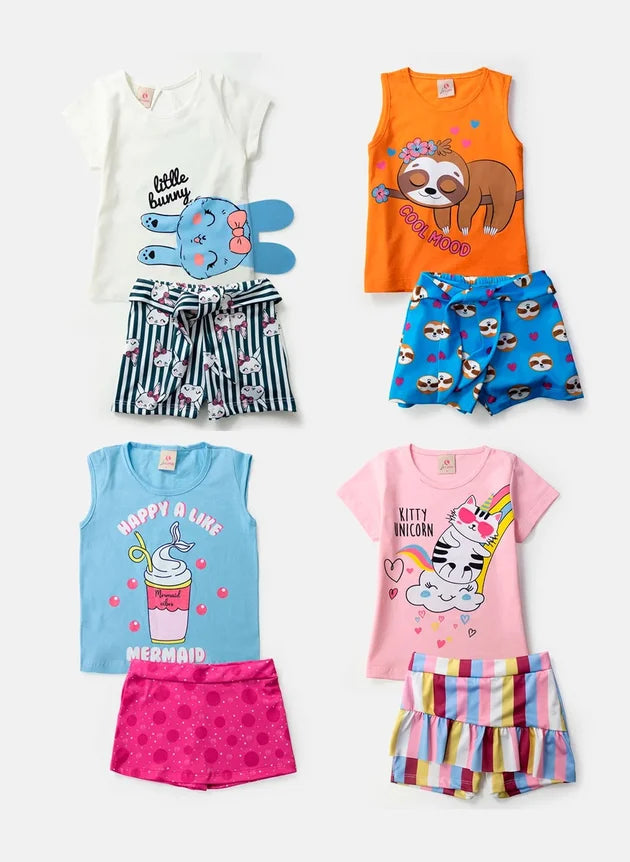 Kit Sortido 10 peças de Roupa Infantil Menina - 5 camisetas + 5 bermudas - kit 5 Conjuntos Menina