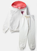 Conjunto Infantil Feminino Moletom com Capuz Coração Lantejoula Creme 0053