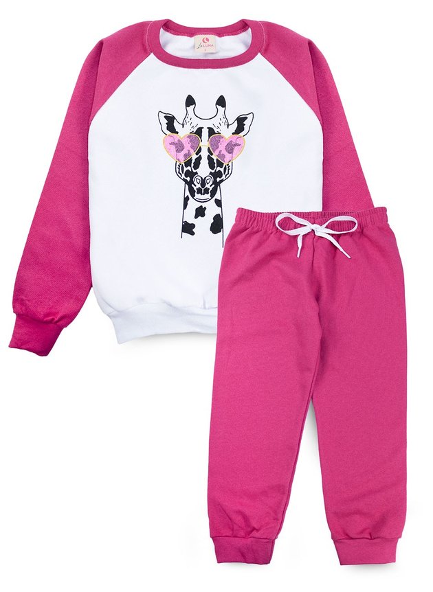 Conjunto Infantil Feminino Moletom Girafa com Óculos Pink 0045