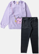 Conjunto Infantil Feminino Moletom Bolsa Gatinha Lilás 0044