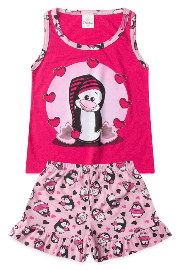 Pijama Verão Menina Pinguim Corações