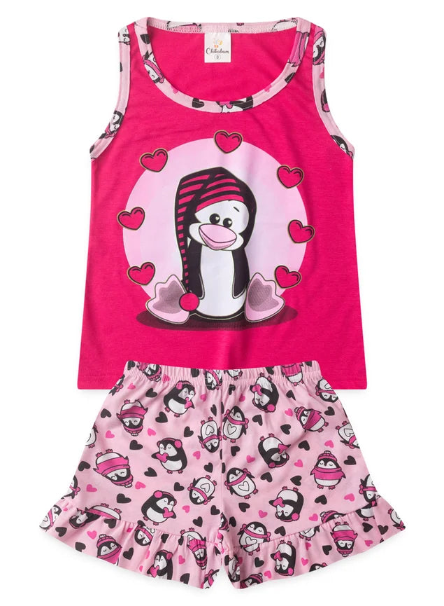 Pijama Verão Menina Pinguim Corações
